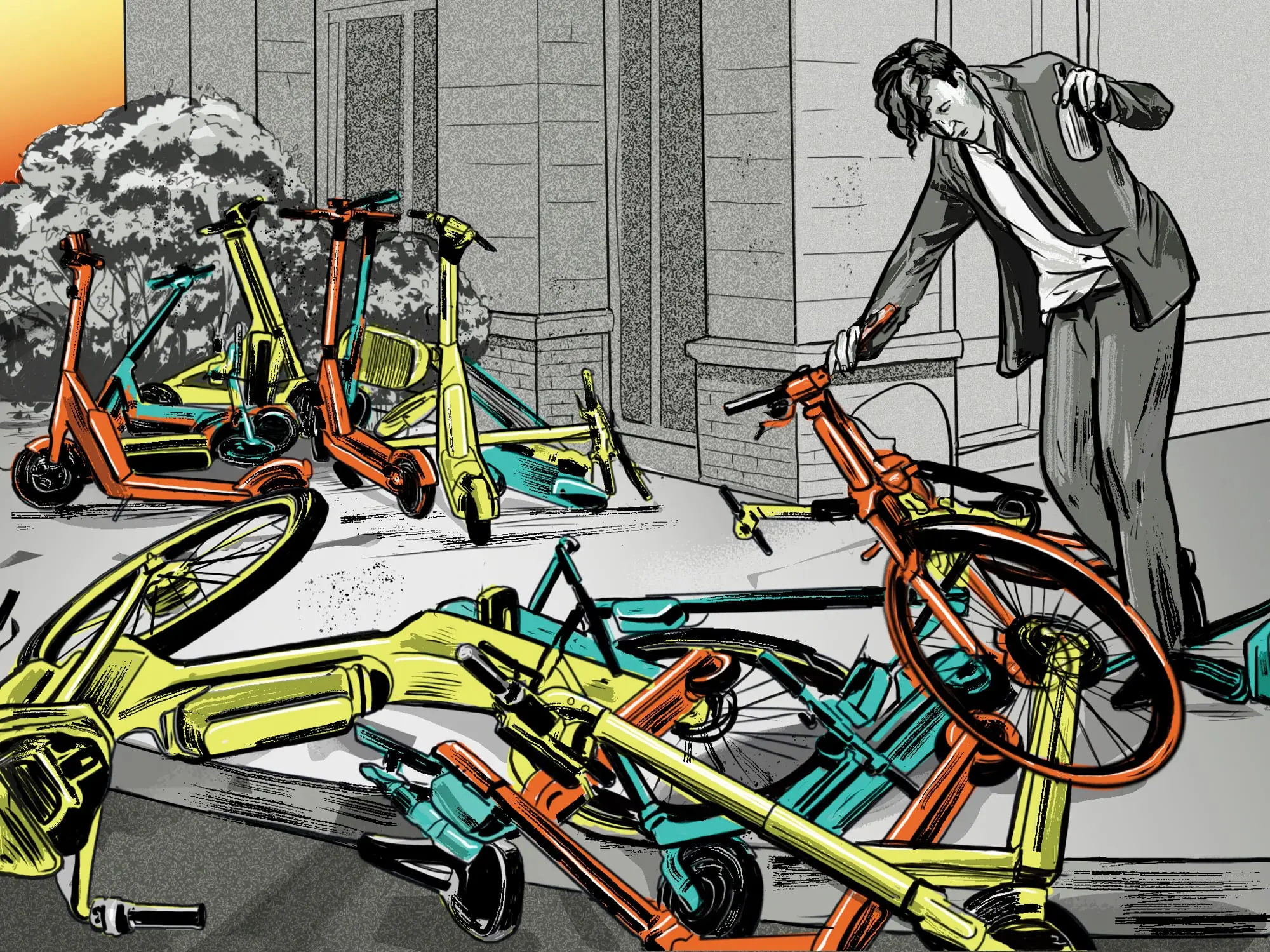 An illustration of an intoxicated man stumbling over a pile of e-bikes and e-scooters which have been left on a sidewalk