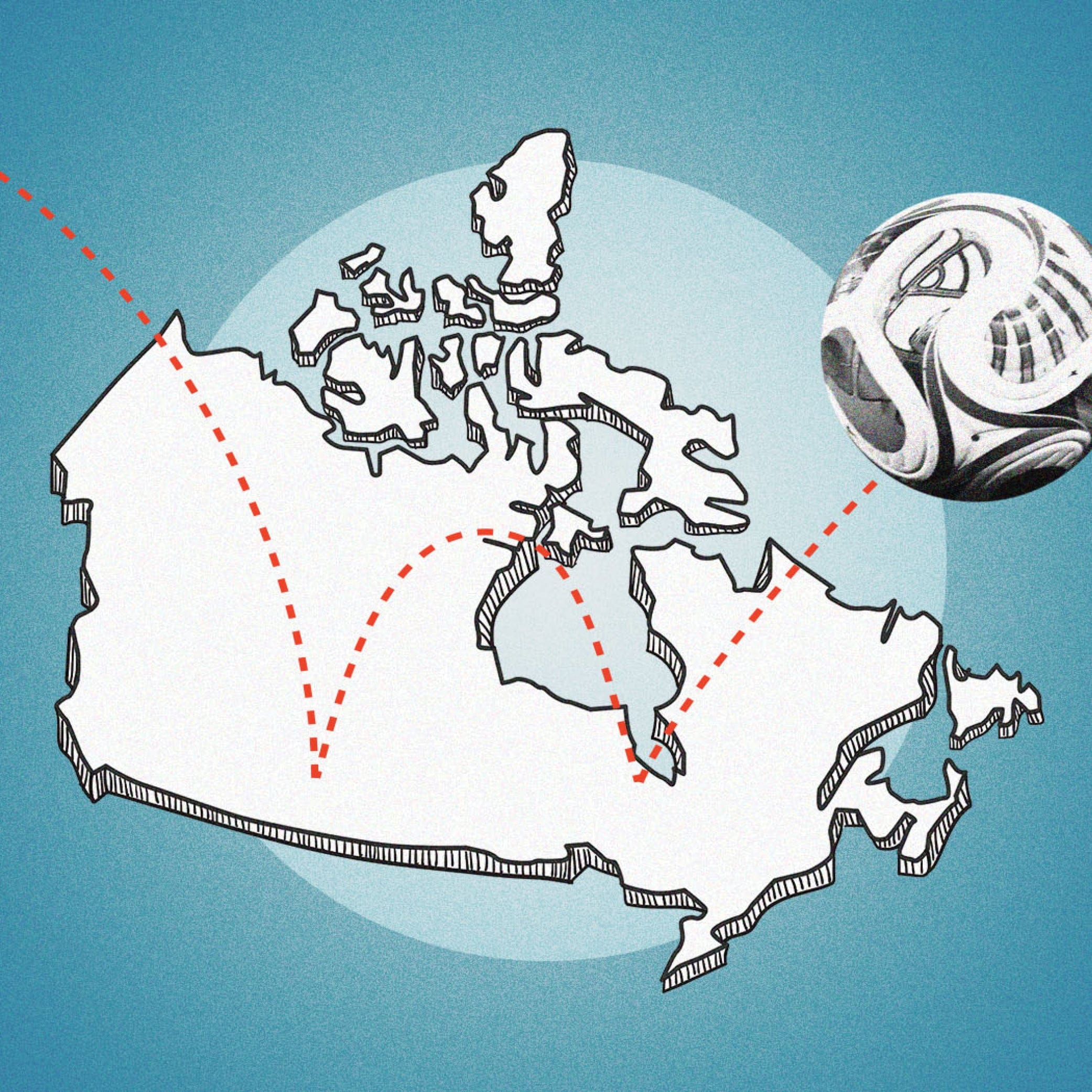 On the emerald blue background, a black-and-white image of soccer ball is hopping on the Canadian map, traced by a red dashed line.