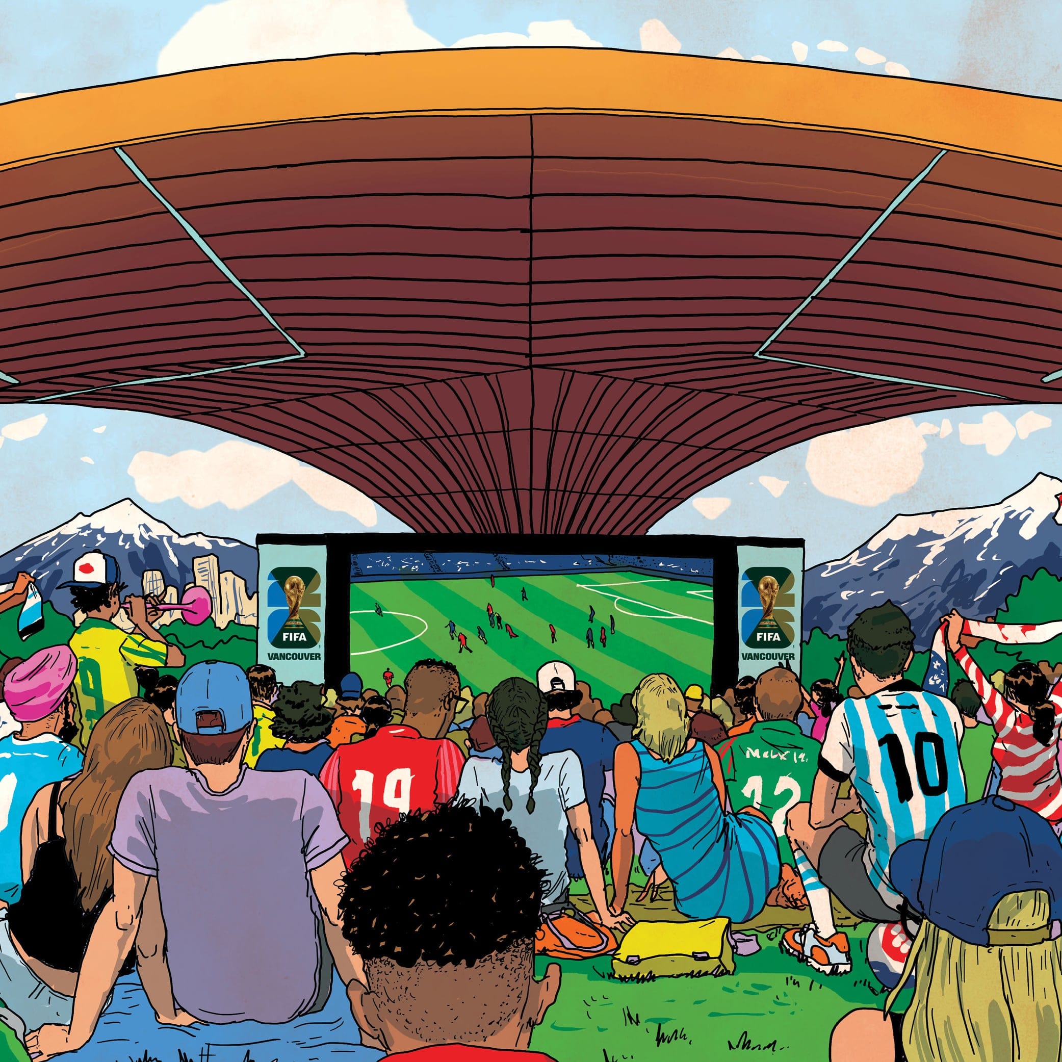 An illustration of the Freedom Mobile Arch. The back of the people sitting on the grass under the mass timber roof, watching the World Cup game on the big screen in front of them.