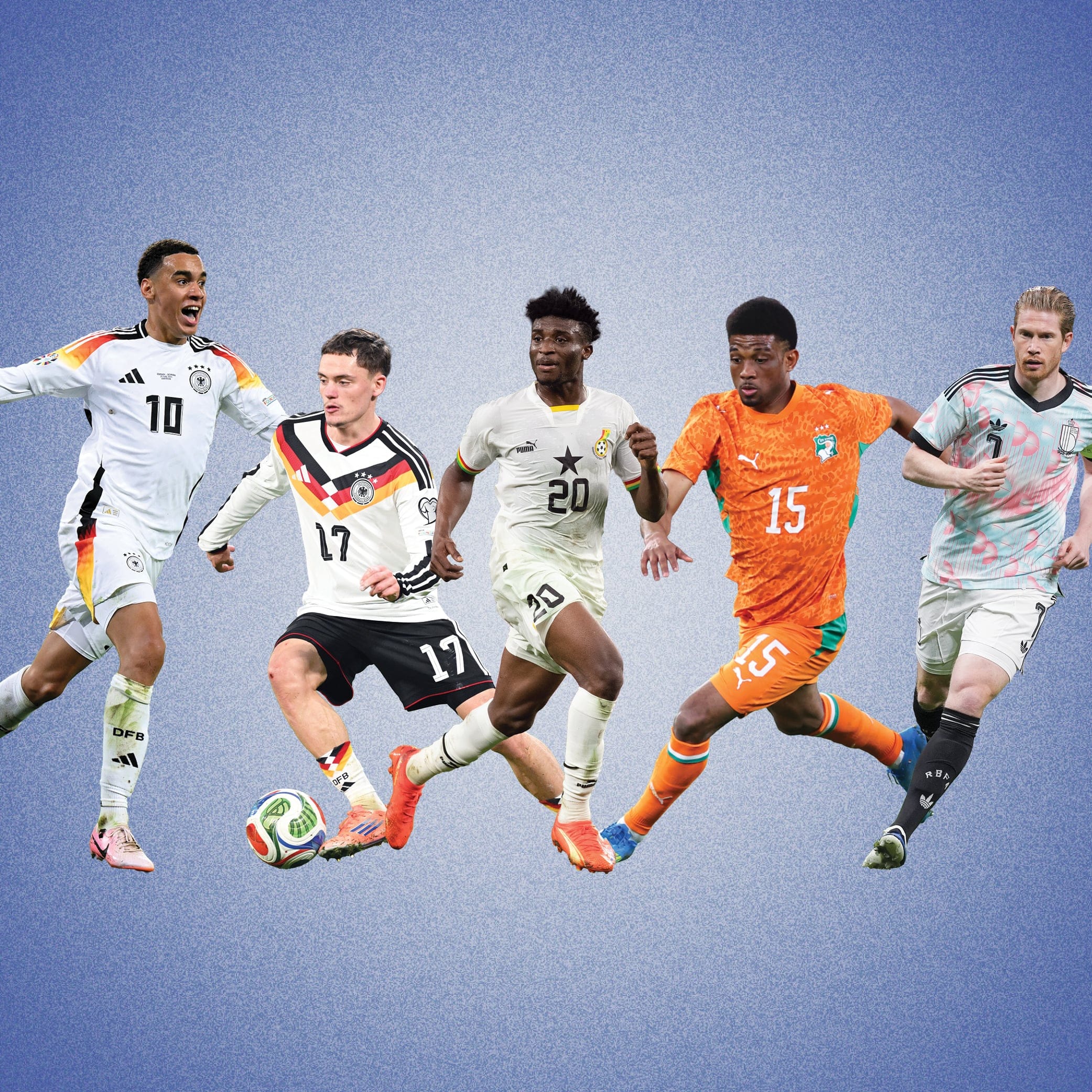 Five soccer players (Jamal Musiala, Florian Wirtz, Mohammed Kudus, Amad Diallo and Kevin De Bruyne, from left to right), each cropped from different picture during games. Behind them is a blue coloured back ground