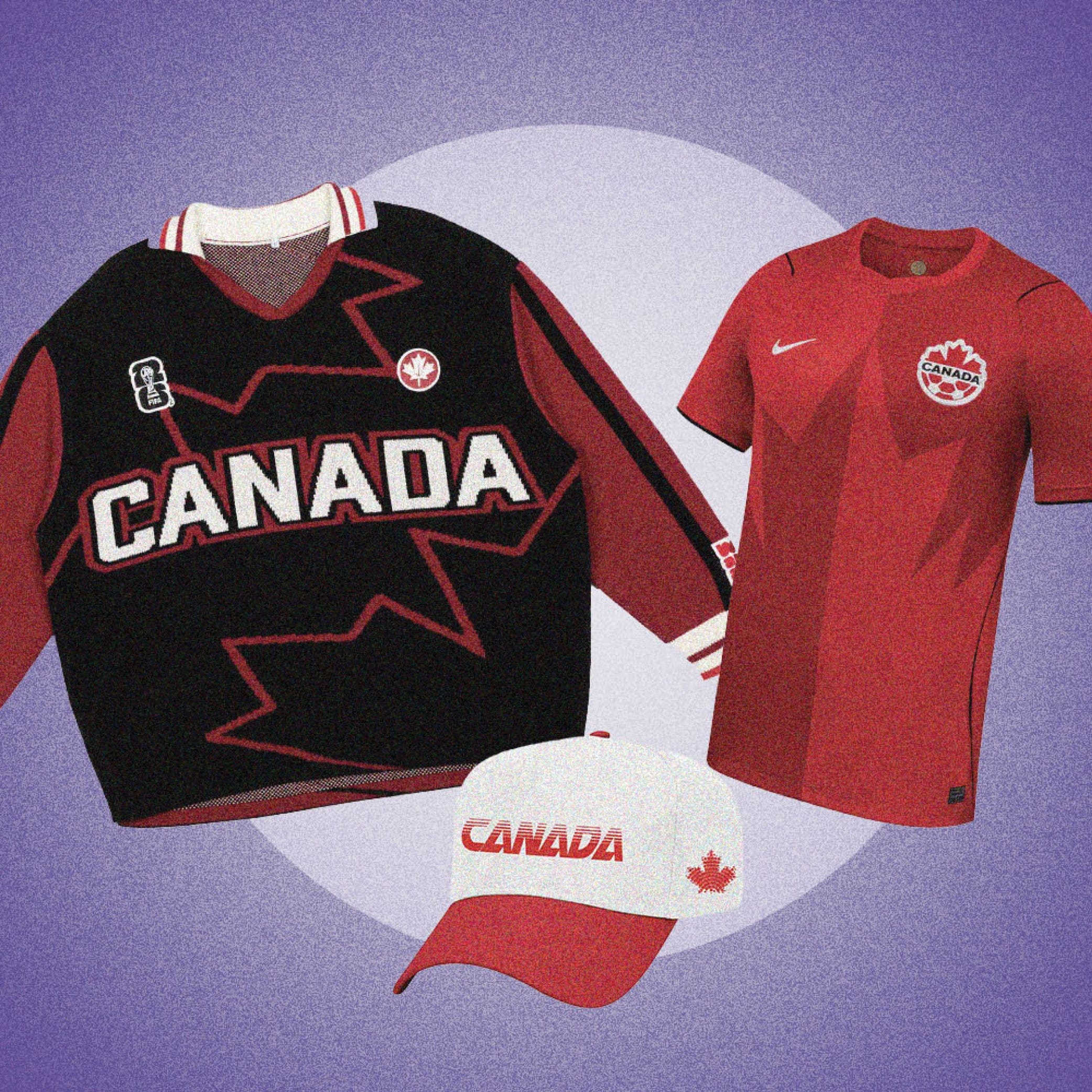 A black sweater with wine red long sleeves, a red half-sleeve sports wear with Nike and Canada Soccer logos on it and a white & red baseball hat
