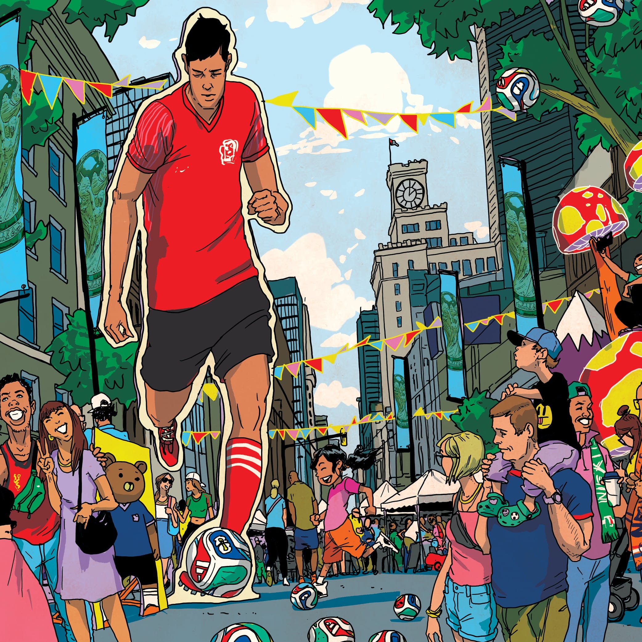 Colourful illustrations of the street celebrating World Cup under the blue sky. Kids, adults, families and friends are smiling at each other and taking pictures besides the trees and big mushrooms. Soccer balls are popping around. A soccer player in the red uniform, dribbling, is being a huge cardboard panel in the centre.