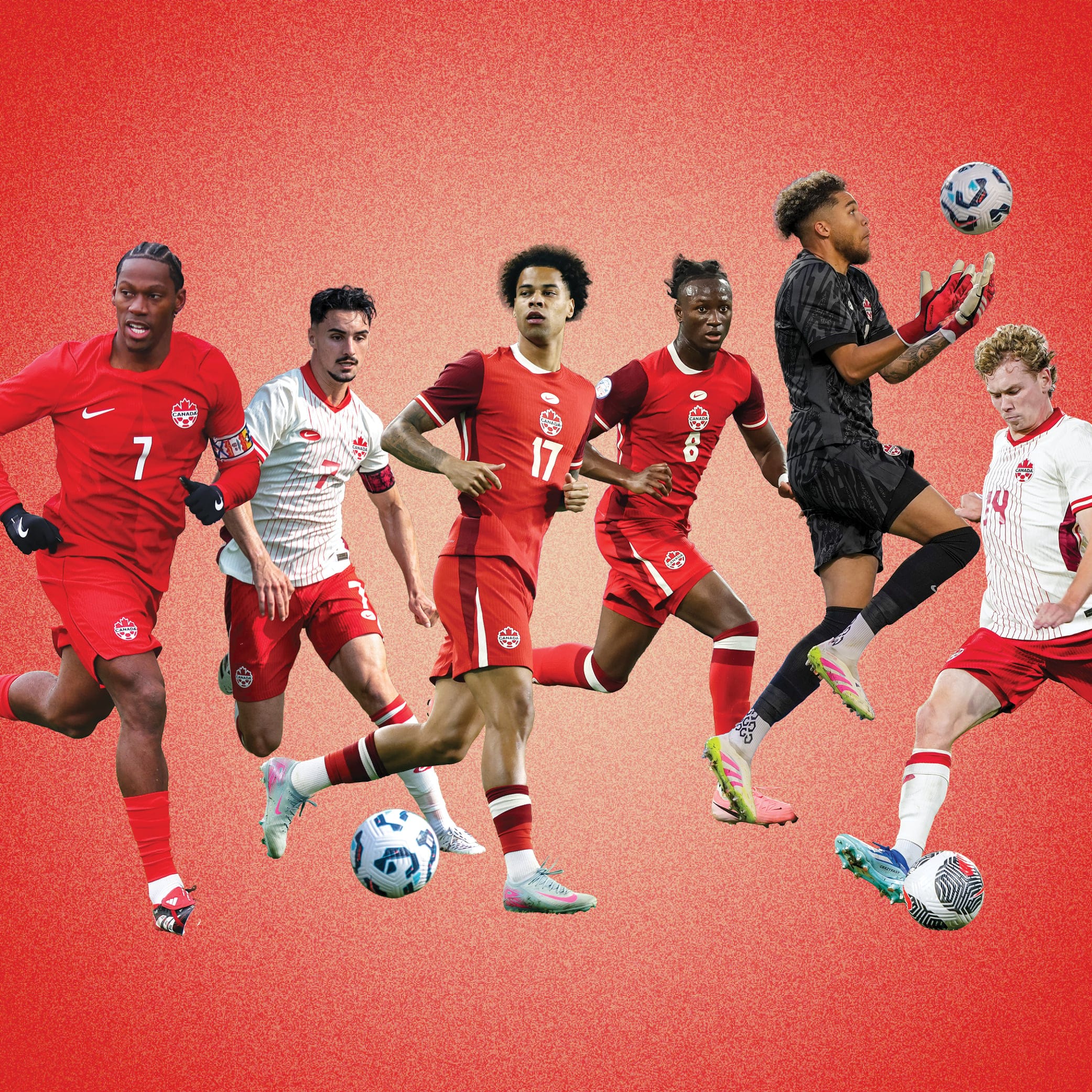 Five soccer players (Jonathan David, Stephen Eustáquio, Tajon Buchanan, Ismaël Koné, Dayne St. Clair and Jacob Shaffelburg, from left to right), each cropped from different pictures during games. Behind them is a blue coloured background