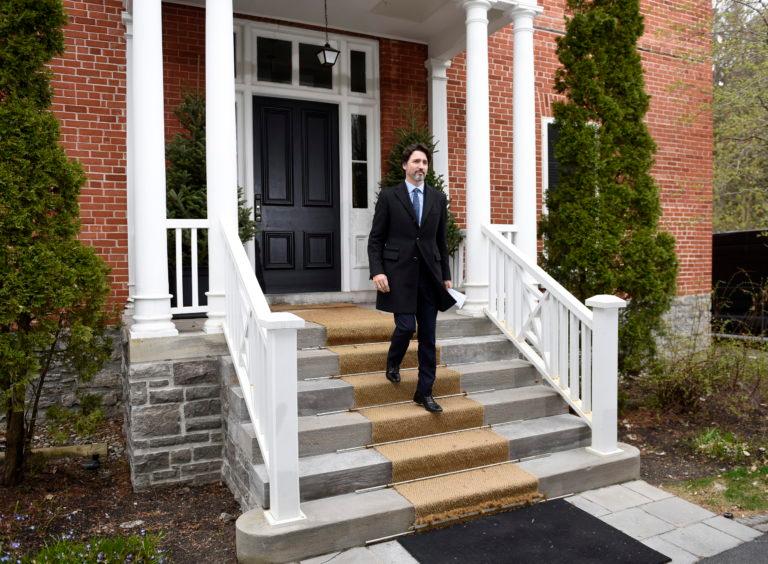 Prime Minister Justin Trudeau arrives for his daily news conference on the COVID-19 pandemic outside his residence at Rideau Cottage in Ottawa, on Monday, May 4, 2020. THE CANADIAN PRESS/Justin Tang