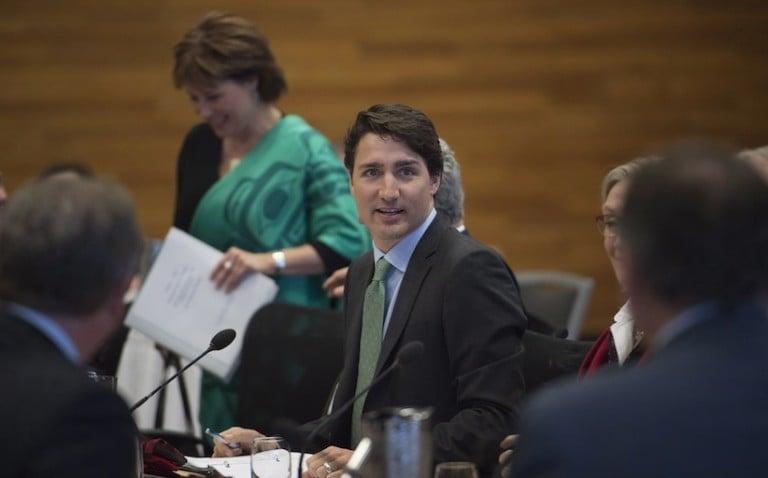 <p>Prime Minister Justin Trudeau, centre, attends a meeting of the First Ministers, First Nations, Inuit, and Metis Leaders in Vancouver, B.C., Wednesday, March. 2, 2016. (Jonathan Hayward/CP)</p>
