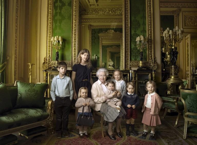 <p>This official photograph, released by Buckingham Palace on Wednesday April 20, 2016,  to mark her 90th birthday, shows Queen Elizabeth II with her five great-grandchildren and her two youngest grandchildren in the Green Drawing Room, part of Windsor Castle&#8217;s semi-State apartments in Windsor England. (© 2016 Annie Leibovitz  via AP) MANDATORY CREDIT</p>
