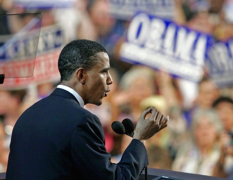 <p>Barack Obama speaks to delegates during the Democratic National Convention in Boston in this July 27, 2004, file photo. (AP Photo/Kevork Djansezian, File)</p>
