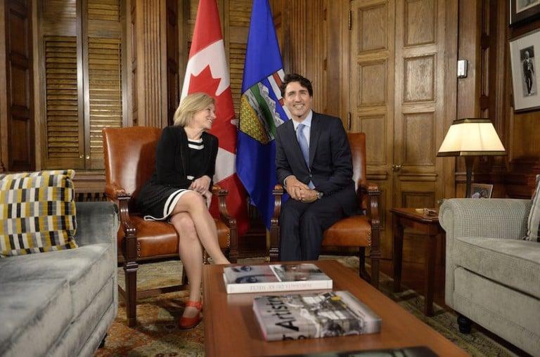 <p>Prime Minister Justin Trudeau and Alberta Premier Rachel Notley speak during a meeting on Parliament Hill, Tuesday, Nov. 29, 2016 in Ottawa. THE CANADIAN PRESS/Justin Tang</p>
