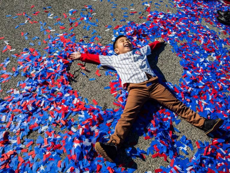<p>Rudy Toees, 5, celebrates the World Series champion Chicago Cubs during a parade and rally in Grant Park in Chicago on Friday, Nov. 4, 2016. (Zbigniew Bzdak/Chicago Tribune/TNS/Getty Images)</p>
