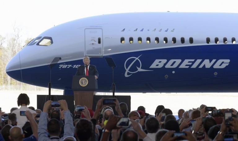 <p>President Donald Trump speaks in front of the Boeing 787 Dreamliner while visiting the Boeing South Carolina facility in North Charleston, S.C., Friday, Feb. 17, 2017. Trump visited the plant before heading to his Mar-a-Lago estate in Palm Beach, Fla. for the weekend. (AP Photo/Susan Walsh)</p>
