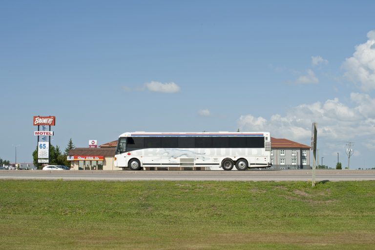 A decommissioned Greyhound bus
