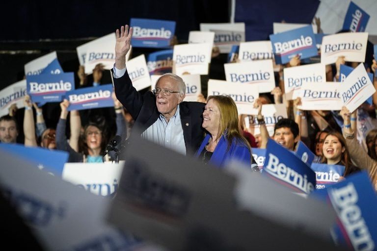 Democratic presidential candidate Sen. Bernie Sanders (I-VT) and his wife Jane Sanders wave as they exit the stage after winning the Nevada caucuses during a campaign rally at Cowboys Dancehall on February 22, 2020 in San Antonio, Texas. With early voting underway in Texas, Sanders is holding four rallies in the delegate-rich state this weekend before traveling on to South Carolina. Texas holds their primary on Super Tuesday March 3rd, along with over a dozen other states (Photo by Drew Angerer/Getty Images)