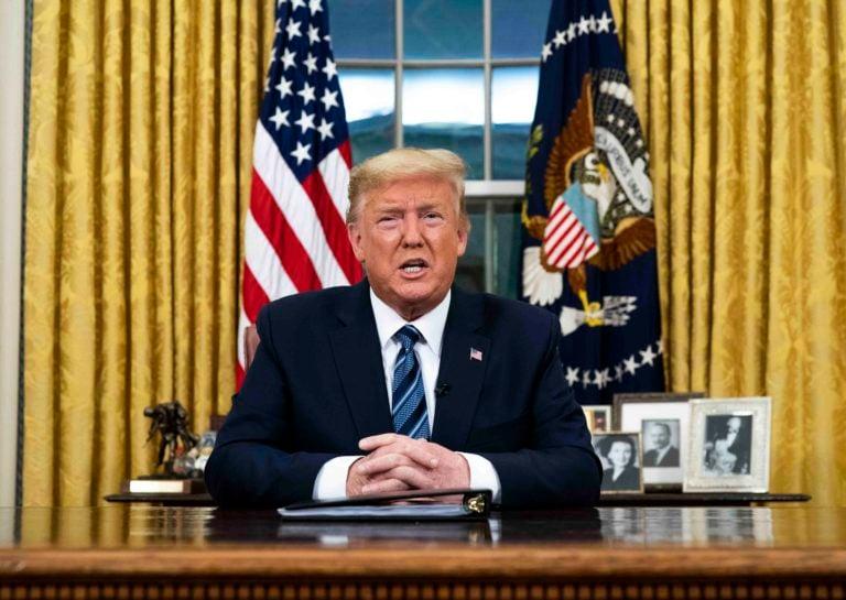 WASHINGTON, DC - MARCH 11: US President Donald Trump addresses the nation from the Oval Office about the widening Coronavirus crisis on March 11, 2020 in Washington, DC. President Trump said the US will suspend all travel from Europe - except the UK - for the next 30 days. Since December 2019, Coronavirus (COVID-19) has infected more than 109,000 people and killed more than 3,800 people in 105 countries. (Photo by Doug Mills-Pool/Getty Images)