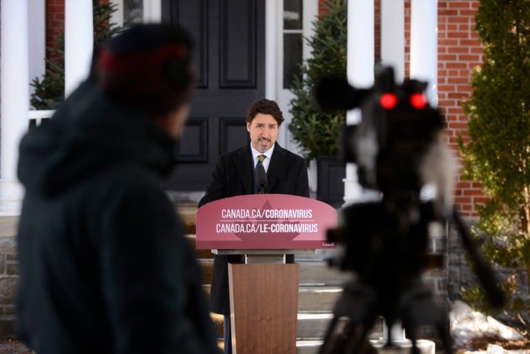 Prime Minister Justin Trudeau addresses Canadians on the COVID-19 pandemic from Rideau Cottage in Ottawa on Friday, March 27, 2020. (Sean Kilpatrick/CP)