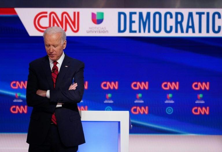 Democratic presidential hopeful former US vice president Joe Biden is seen on stage as he and Senator Bernie Sanders take part in the 11th Democratic Party 2020 presidential debate in a CNN Washington Bureau studio in Washington, DC on March 15, 2020. (Photo by Mandel NGAN / AFP) (Photo by MANDEL NGAN/AFP via Getty Images)