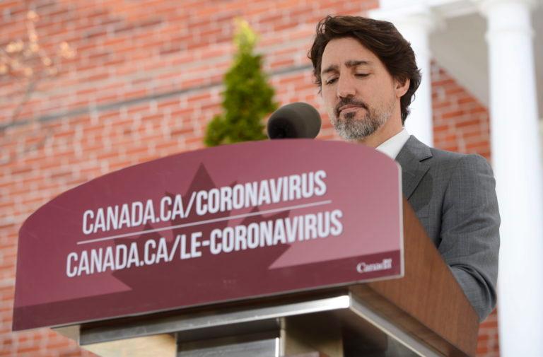 Trudeau speaks from his now familiar spot in front of Rideau Cottage in Ottawa on April 29, 2020 (CP/Sean Kilpatrick)
