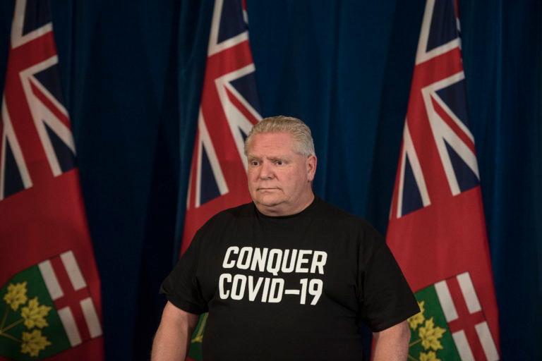 Ontario Premier Doug Ford is photographed during his daily update regarding COVID-19 at Queen's Park in Toronto on Saturday, April 11, 2020. THE CANADIAN PRESS/ Tijana Martin