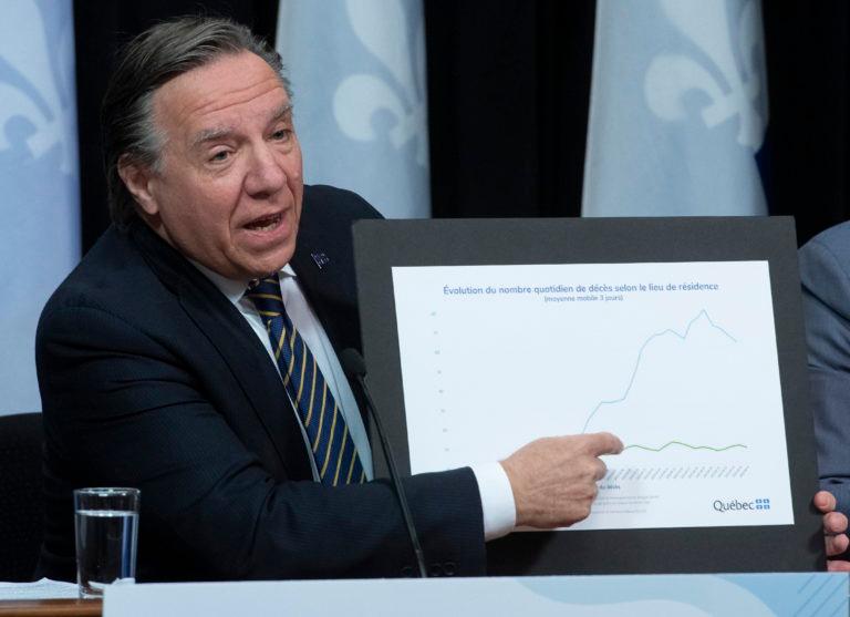 Quebec Premier François Legault shows a chart related to COVID-19 deaths during a news conference on Tuesday. (Jacques Boissinot/CP)