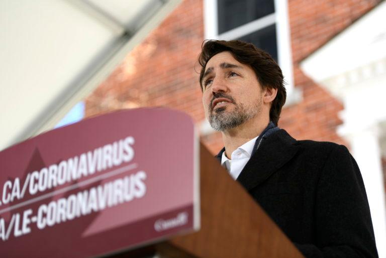 Prime Minister Justin Trudeau speaks during his daily press conference on the COVID-19 pandemic, outside his residence at Rideau Cottage in Ottawa, on Saturday, April 4, 2020. THE CANADIAN PRESS/Justin Tang