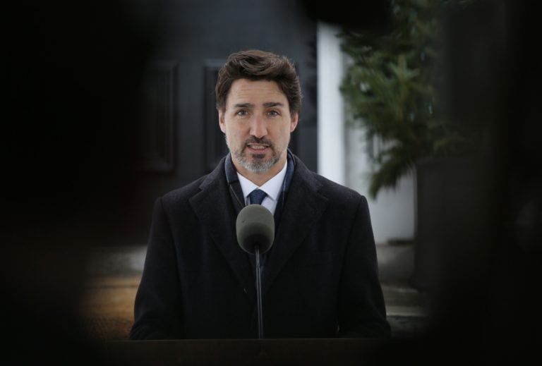 Canadian Prime Minister Justin Trudeau speaks during a news conference on COVID-19 situation in Canada from his residence March 17, 2020 in Ottawa, Canada. - Canada is closing its borders to most foreigners -- excluding Americans -- in a bid to stem the coronavirus pandemic, Prime Minister Justin Trudeau announced on March 16, 2020. "All Canadians, as much as possible, should also stay home," he told a news conference outside his home, where he and his family are self-isolating after his wife Sophie tested positive for COVID-19. (Photo by Dave Chan / AFP) (Photo by DAVE CHAN/AFP via Getty Images)