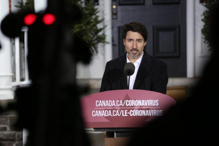 Trudeau speaks about the coronavirus outside Rideau Cottage in Ottawa on March 29 (Dave Chan/AFP/Getty Images)