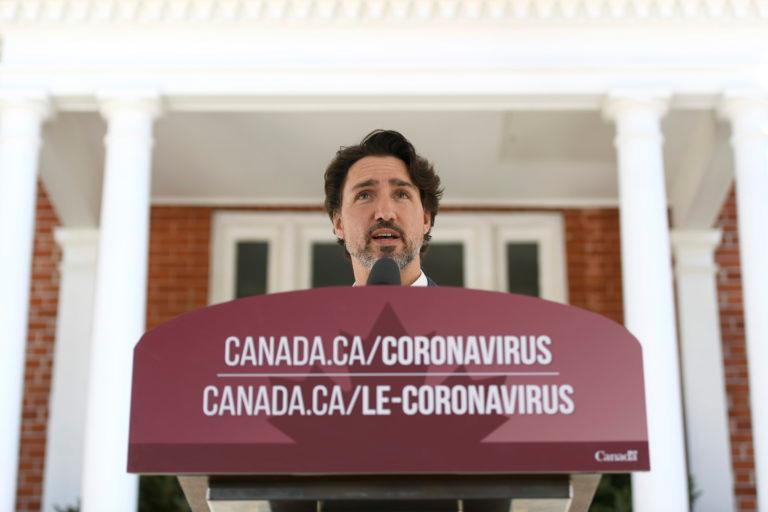 Prime Minister Justin Trudeau speaks during his daily news conference on the COVID-19 pandemic outside his residence at Rideau Cottage in Ottawa, on Sunday, May 3, 2020. THE CANADIAN PRESS/Justin Tang