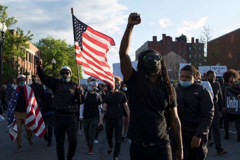 Boston, Massachusetts, Black Lives Matter protesters march to the Massachusets State House on May 31. Protests in Boston ignited by the murder of George Floyd by Minneapolis police were largely peaceful until protesters were confronted by heavy-handed tactics of police. (Photograph by Adnan R. Khan)
