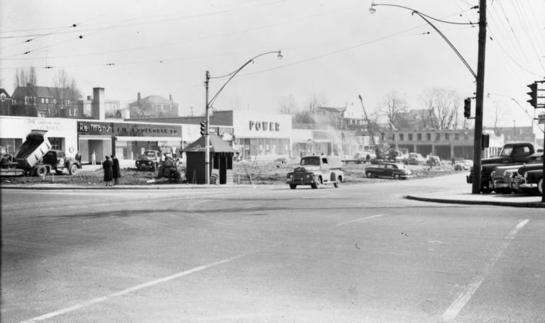 The Sunnybrook Plaza under construction in April 1952 at Bayview and Eglinton in Toronto (James Victor/Courtesy of Toronto Public Library)