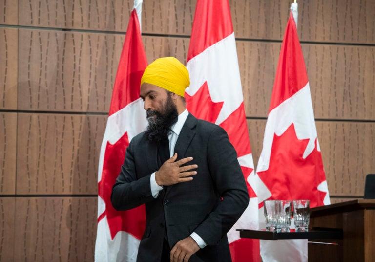 NDP Leader Jagmeet Singh leaves after participating in a news conference, after he was ordered removed from the House of Commons for calling another MP racist, on Parliament Hill in Ottawa, on Jun. 17, 2020. (Justin Tang/CP)