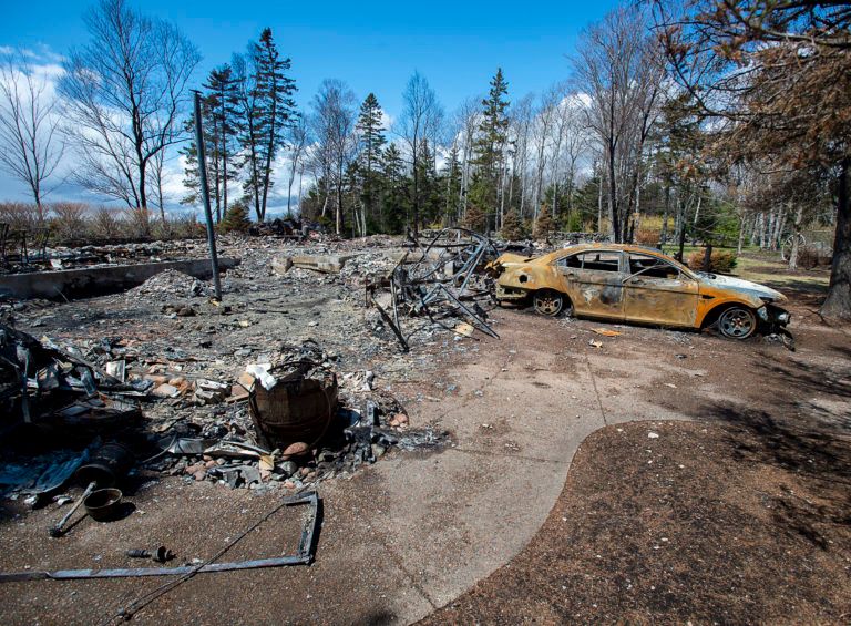 A fire-destroyed property registered to Gabriel Wortman at 200 Portapique Beach Road is seen in Portapique, N.S. on May 8, 2020 (CP/Andrew Vaughan)