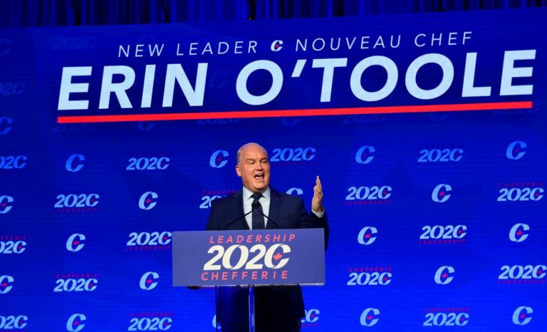 Newly elected Conservative Leader Erin O’Toole delivers his winning speech following the Conservative party of Canada 2020 Leadership Election in Ottawa on Monday, Aug. 24, 2020. THE CANADIAN PRESS/Sean Kilpatrick