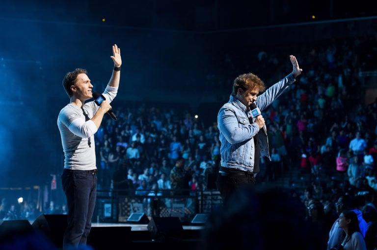 Craig (left) and Marc speak to thousands during WE Day UN in New York City last fall (Ilya S. Savenok/Getty Images)