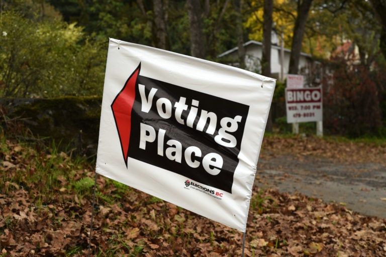 An Elections BC Voting Place sign points the way to a community hall for voters casting advance votes in the provincial general election in Saanich, British Columbia on October 17, 2020. Election day is October 24. (Don Denton/CP)