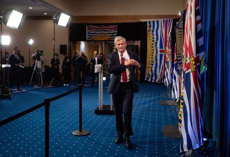B.C. Liberal Leader Andrew Wilkinson leaves the podium after reading a statement at provincial election night headquarters, in Vancouver, B.C., Saturday, Oct. 24, 2020. (Darryl Dyck/CP)