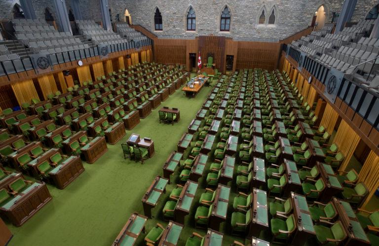 The House of Commons chamber on April 8, 2020. (Adrian Wyld/CP)