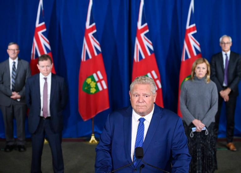 Ontario Premier Doug Ford holds a press conference with his medical team regarding new restrictions at Queen's Park during the COVID-19 pandemic in Toronto on Friday, October 2, 2020. THE CANADIAN PRESS/Nathan Denette