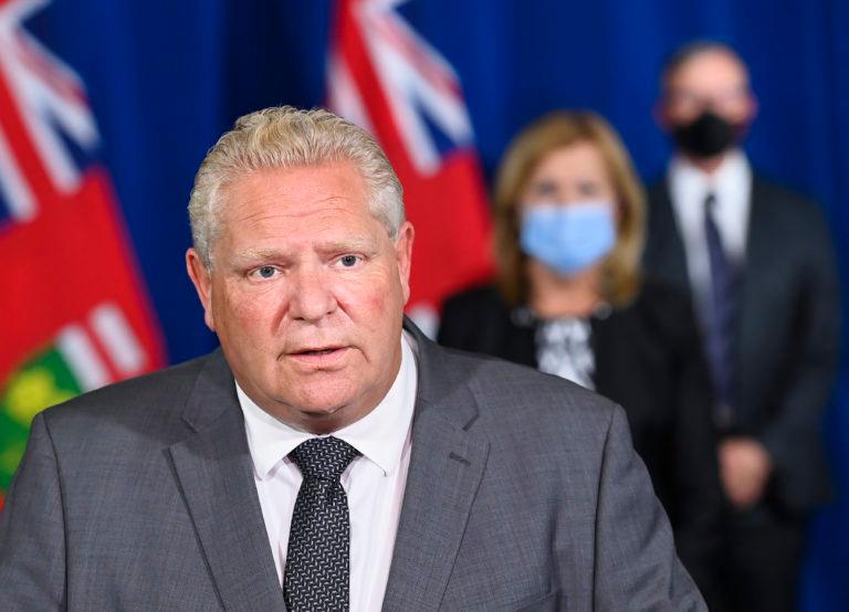 Ontario Premier Doug Ford answers questions from the media at Queen's Park during the COVID-19 pandemic in Toronto on Monday, September 28, 2020. THE CANADIAN PRESS/Nathan Denette