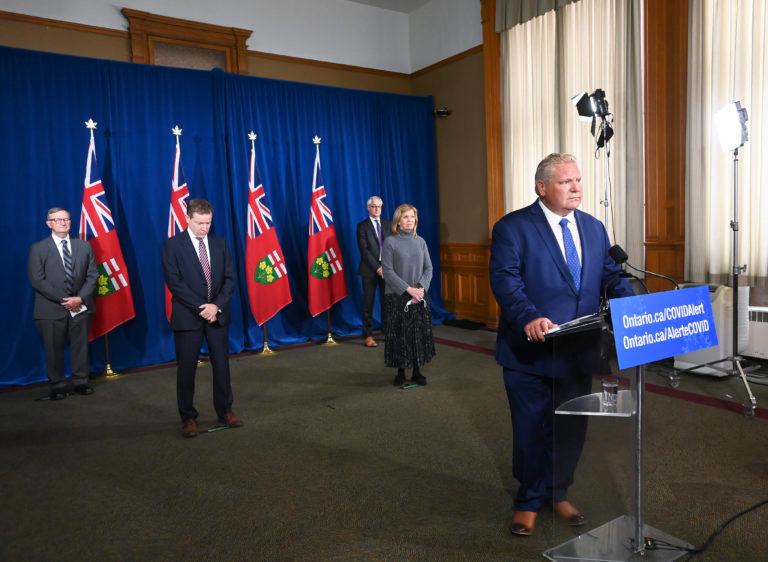 Ontario Premier Doug Ford holds a press conference with his medical team regarding new restrictions at Queen's Park during the COVID-19 pandemic in Toronto on Friday, October 2, 2020. THE CANADIAN PRESS/Nathan Denette