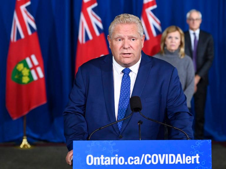 Ontario Premier Doug Ford holds a press conference regarding new restrictions at Queen's Park during the COVID-19 pandemic in Toronto on Friday, October 2, 2020. THE CANADIAN PRESS/Nathan Denette