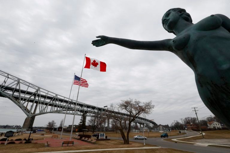 The Blue Water Maiden statue in Port Huron, Mich., near the Canada-U.S. border (Paul Sancya/AP)