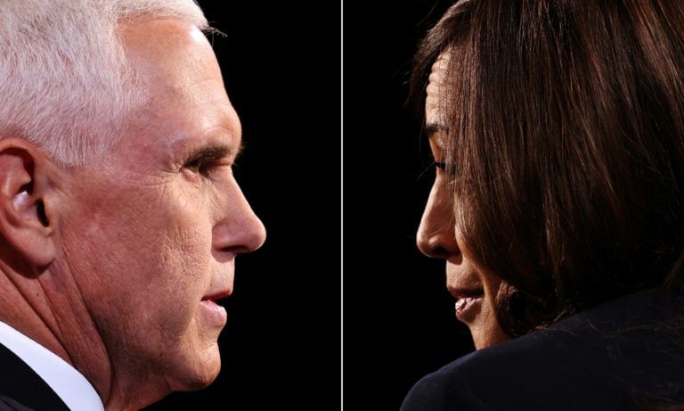 This combination of pictures created on October 07, 2020 shows US Vice President Mike Pence and Democratic vice presidential nominee and Senator from California Kamala Harris during the vice presidential debate in Kingsbury Hall at the University of Utah on October 7, 2020, in Salt Lake City, Utah. (Justin Sullivan/AFP/Getty Images)