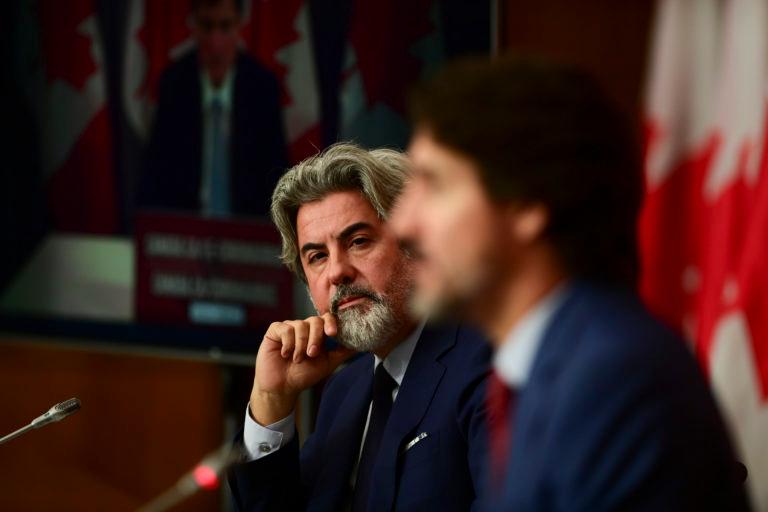 Rodriguez and Trudeau as they take part in a press conference in Ottawa on Oct. 16, 2020 (Sean Kilpatrick/CP)