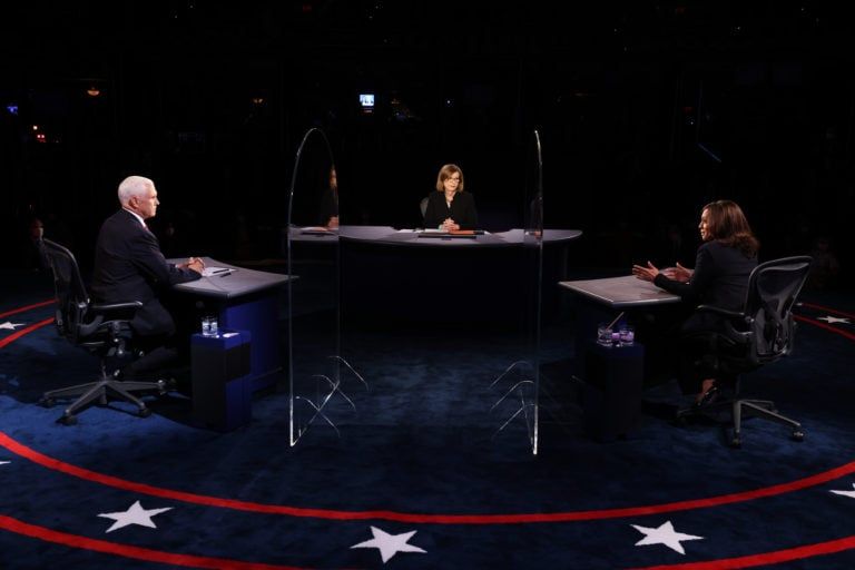 Democratic vice presidential nominee Sen. Kamala Harris (D-CA) and U.S. Vice President Mike Pence participate in the vice presidential debate moderated by Washington Bureau Chief for USA Today Susan Page (C) at the University of Utah on October 7, 2020 in Salt Lake City, Utah. The vice presidential candidates only meet once to debate before the general election on November 3. (Justin Sullivan/Getty Images)