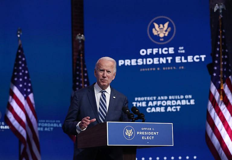 Biden addresses the media about the Trump Administration’s lawsuit to overturn the Affordable Care Act on Nov. 10, 2020 at the Queen Theater in Wilmington, Delaware (Joe Raedle/Getty Images)