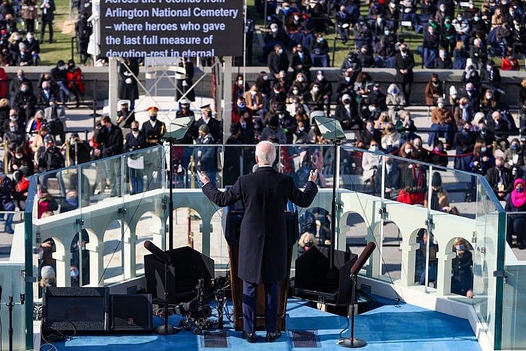 WASHINGTON, DC - JANUARY 20: U.S. President Joe Biden delivers his inaugural address on the West Front of the U.S. Capitol on January 20, 2021 in Washington, DC. During today's inauguration ceremony Joe Biden becomes the 46th president of the United States. (Photo by Tasos Katopodis/Getty Images)