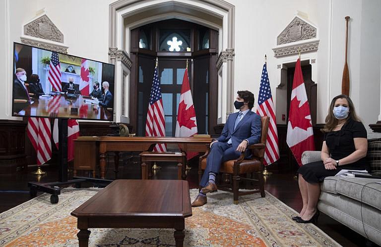 Trudeau and Freeland meet virtually with Biden on Feb. 23, 2021 (CP/Adrian Wyld)