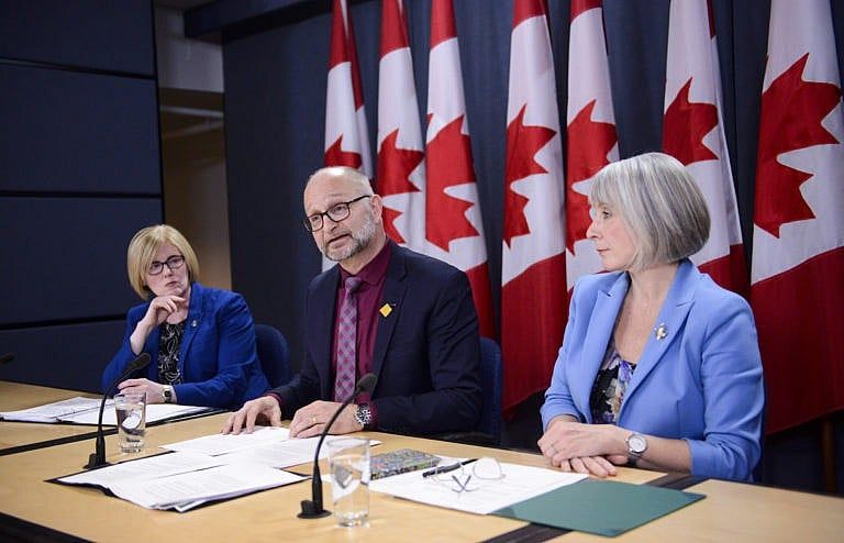 Federal ministers attend a press conference in Ottawa last year when the government was asking a judge to extend the deadline for revising its law on medical aid in dying (CP/Sean Kilpatrick)