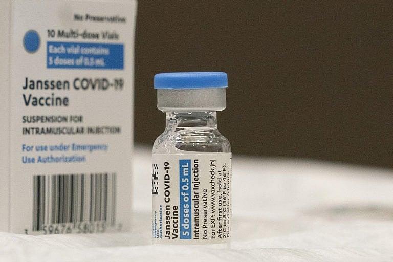 A vial of the Johnson & Johnson COVID-19 vaccine is displayed at South Shore University Hospital, Wednesday, March 3, 2021 in Bay Shore, N.Y. (AP Photo/Mark Lennihan)