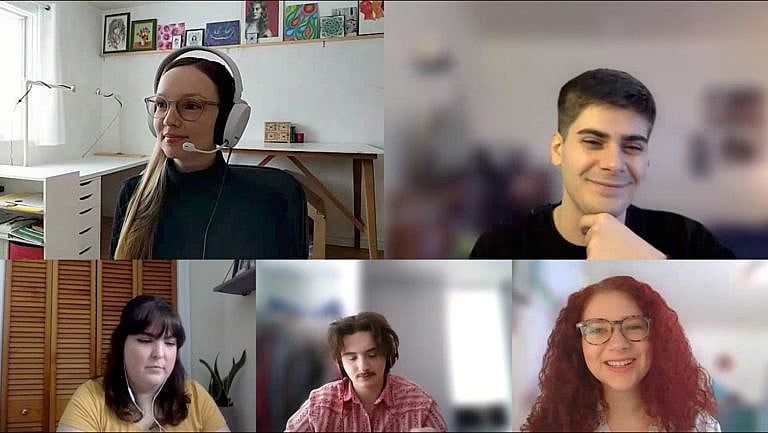 Baillie (top right) on a video call with other Bishop’s students who were hired to work with professors to design courses for online delivery (Loch Baillie)