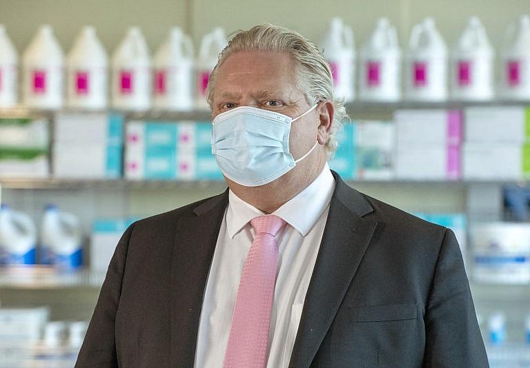 Ontario Premier Doug Ford prepares to hold his daily briefing at Rouge Valley Hospital in Toronto on Monday, March 22, 2021. THE CANADIAN PRESS/Frank Gunn